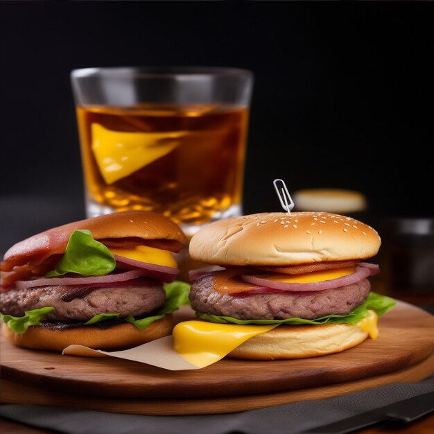 a delicious triple meat hamburger with a glass of whiskey