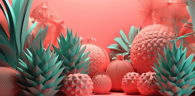 Delicious Tropical Fruits 3D Model of Watermelons and Pineapples