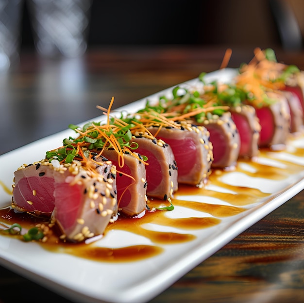 Delicious tuna with avocado and yuzu kosho sauce Japanese cuisine food photography