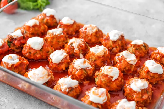 Delicious turkey meatballs in glass casserole dish on light table