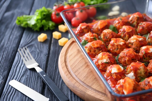 Delicious turkey meatballs in glass casserole dish on wooden table