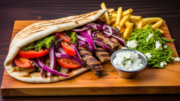 Вкусный турецкий берлинский кебаб со специальным пита-хлебом с жареными кусочками баранины и картошкой фри.