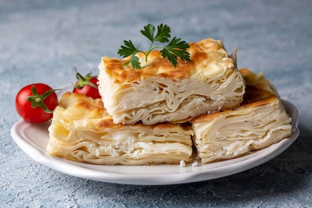 Delicious turkish food; tray pastry; (turkish name; su boregi)