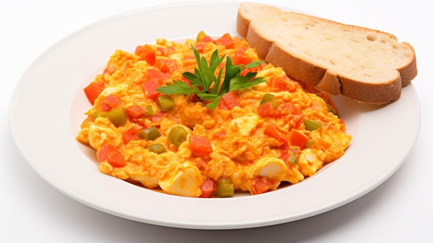 Photo delicious turkish menemen scrambled eggs with vegetables on white background ai generated