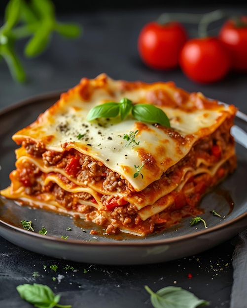 Photo delicious ultimate meat lasagna on a gray plate with tomatoes around it