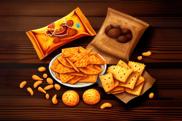 Photo delicious unhealthy snack on wooden background generative ai