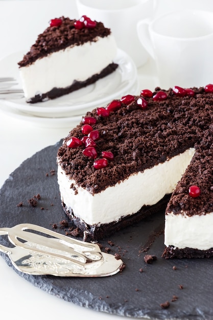 Delicious vanilla chocolate cheesecake. 