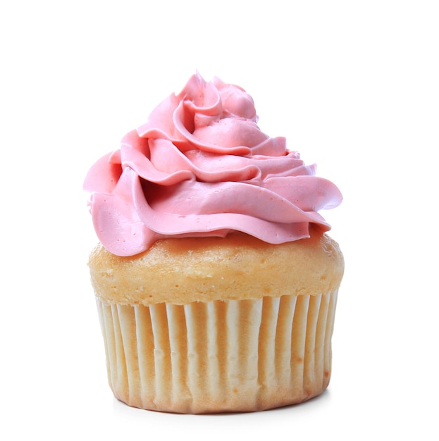 Delicious vanilla cupcake on white background