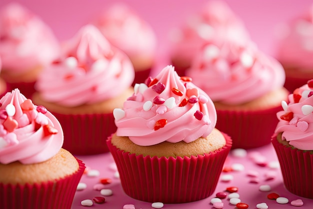 Delicious Vanilla Cupcake with Pink Icing and HeartShaped Red and White Sprinkles created with gene