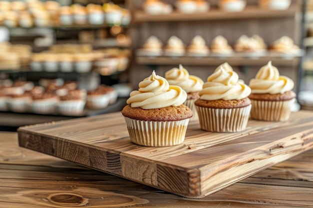 Delicious Vanilla Cupcakes with Cream Cheese Frosting on Wooden Board in Bakery