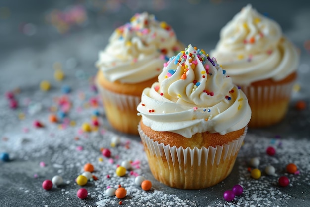 Delicious vanilla cupcakes with cream cheese and sugar candy