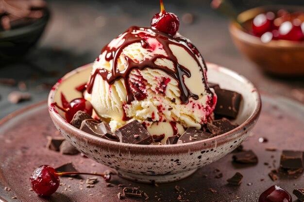Delicious Vanilla Ice Cream Scoop with Chocolate Syrup and Cherries on Top Served in a Ceramic