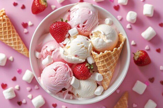 Photo delicious vanilla strawberry and chocolate ice cream scoops with waffle cone and fresh berries