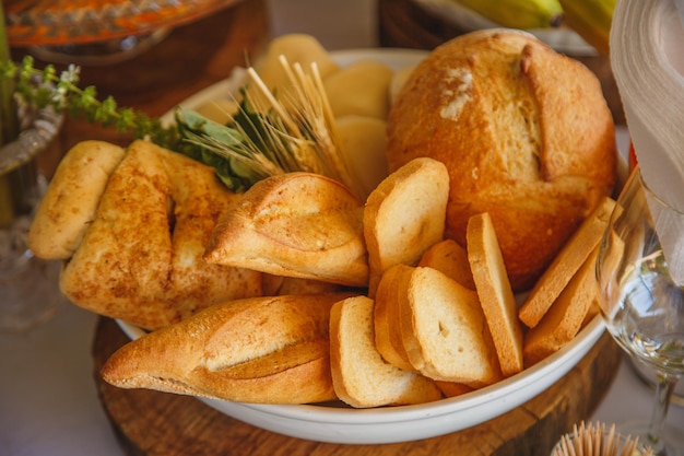 Delicious variety of bread and toast with chili sauce el hotel buffet