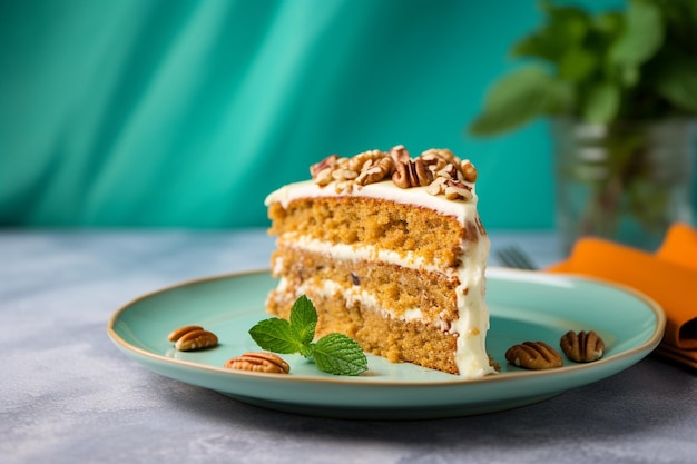 Delicious vegan carrot cake op aqua menthe blauwe achtergrond