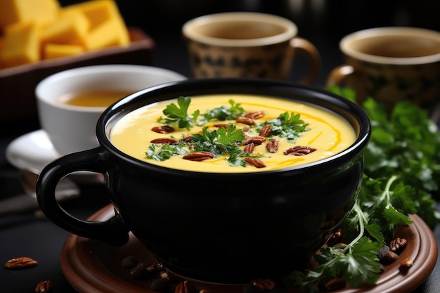 Вкусный веганский суп-пюре из тыквы готов к подаче. Профессиональная рекламная фотография еды.