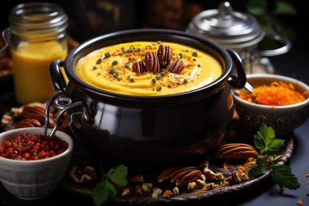 Delicious vegan pumpkin puree soup are ready to be served professional advertising food photography