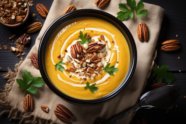 Delicious vegan pumpkin puree soup are ready to be served professional advertising food photography