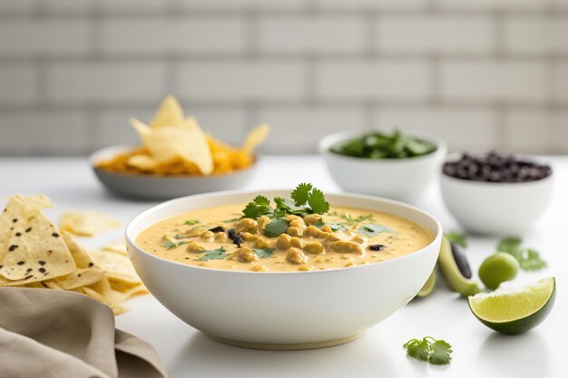 Delicious vegan queso dip on a white table perfect for dipping chips or veggies