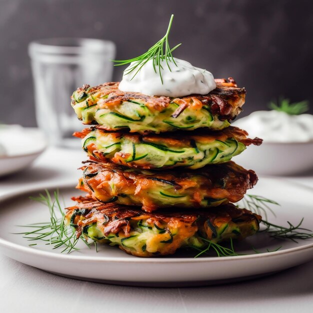 Photo delicious vegan zucchini fritters on a large white plate with sour cream and chives topping