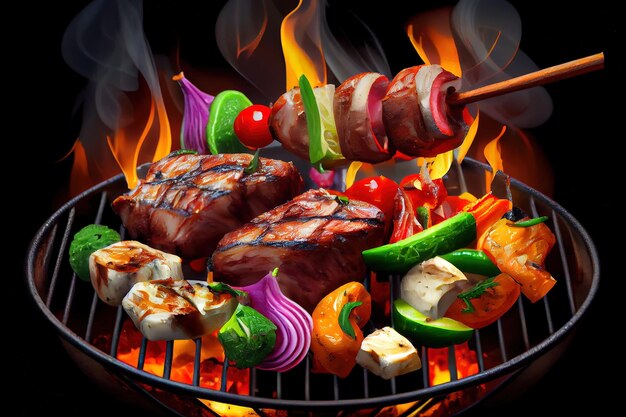 Delicious vegetable and meat skewer on grill Generative Ai