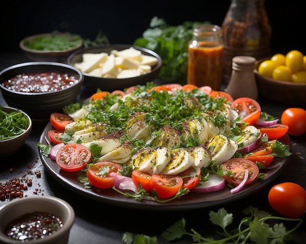 Вкусный овощной салат с помидорами, огурцами, перцем, редисом и сыром, множеством трав и соусов, с тарталетками, сгенерированными AI.
