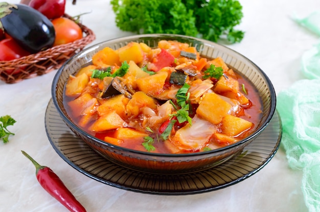 Delicious vegetable stew in a bowl on the table