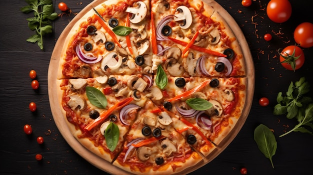 Delicious vegetarian pizza with tomatoes mushrooms