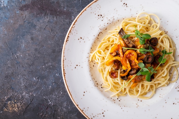 Delicious vegetarian spaghetti. Top view.