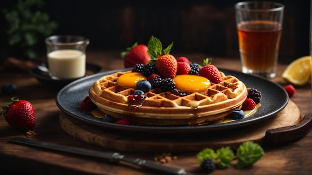 вкусный вафельный завтрак с ягодами на деревянном столе