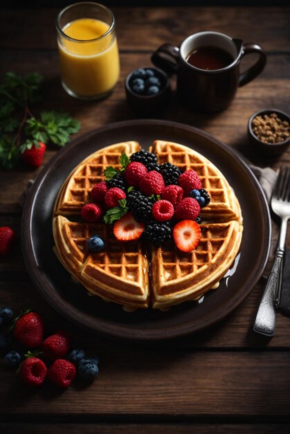 delicious waffle breakfast with berry fruit on wooden table