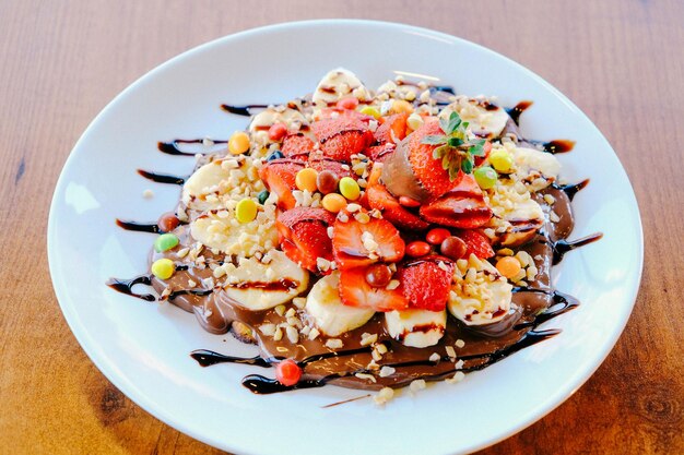 Delicious waffle with chocolate sauce