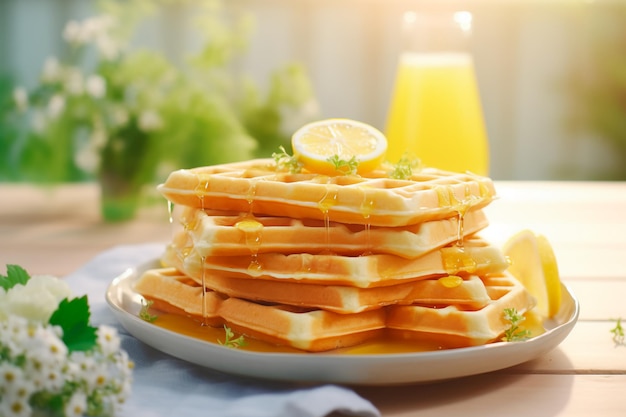 Delicious waffles drizzled with honey on a wooden tableA high quality 4k 8k ar 32