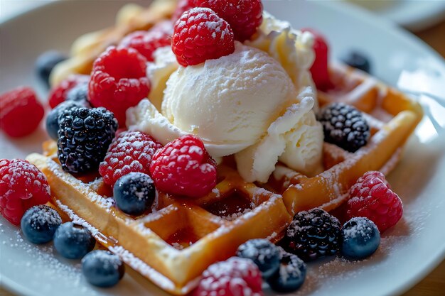 Delicious Waffles Served with Ice Cream and Fresh Berries