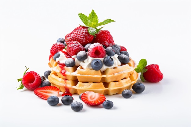 delicious waffles with berries on a white background isolated