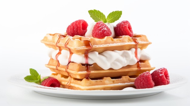 Delicious Waffles With Cream And Raspberries Highkey Lighting Style