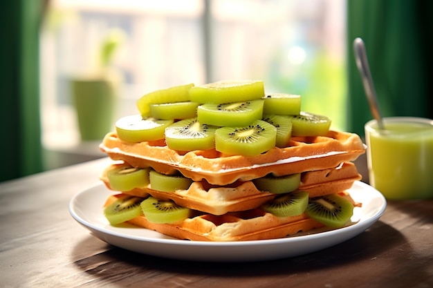 Delicious waffles with kiwi on a wooden table sweet breakfast ai generated