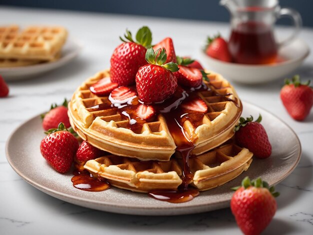 Delicious waffles with strawberries and juice