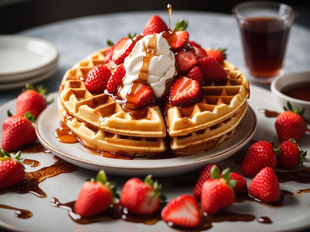 Delicious waffles with strawberries and juice