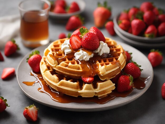 Delicious waffles with strawberries and juice