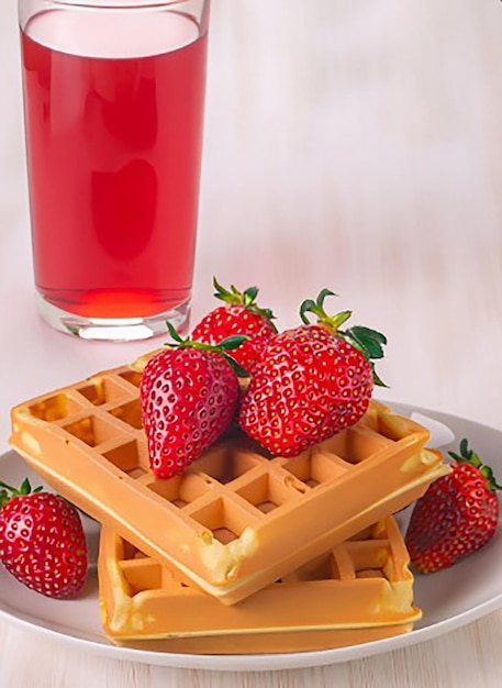 Delicious waffles with strawberries and juice