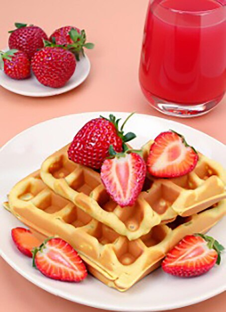 Delicious waffles with strawberries and juice