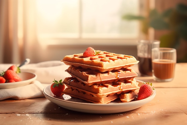 Delicious waffles with strawberries on a wooden table Sweet breakfast AI Generated