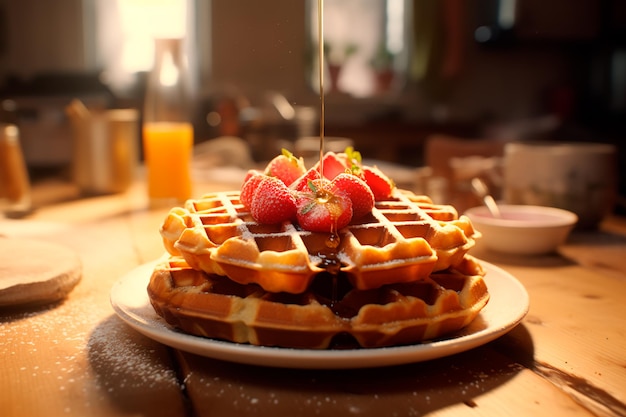 Delicious waffles with strawberries on a wooden table Sweet breakfast AI Generated