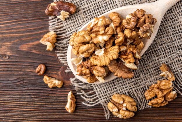 Delicious walnuts on a wooden table