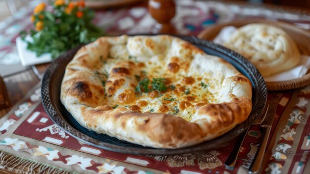 Foto delizioso khachapuri caldo in stile adjarico su un piatto in un ristorante georgiano