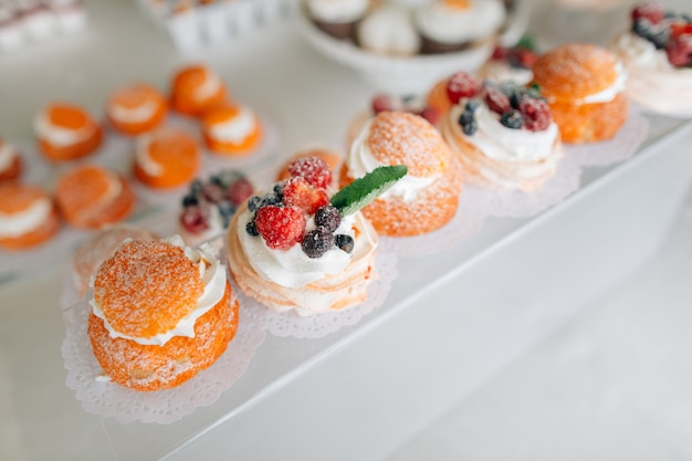 Delicious wedding reception candy bar dessert table