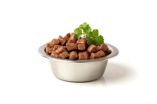 Delicious wet food for a cat or dog pieces of nutritious meat for an animal dog or cat in a plate on a white background