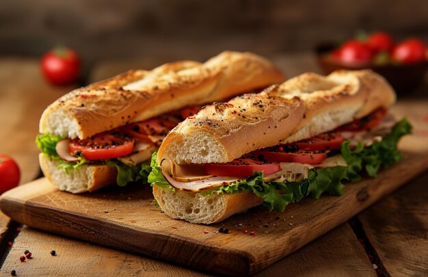 Delicious White Bread Sandwiches on Wooden Board Isolated and Colorful