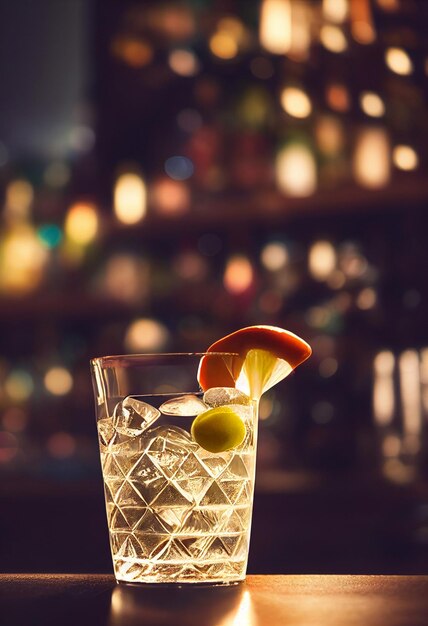 Delicious white cocktail with ice and fruit located on the bar background with bottles